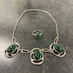 Sterling Silver and Jade Ring and Necklace Set